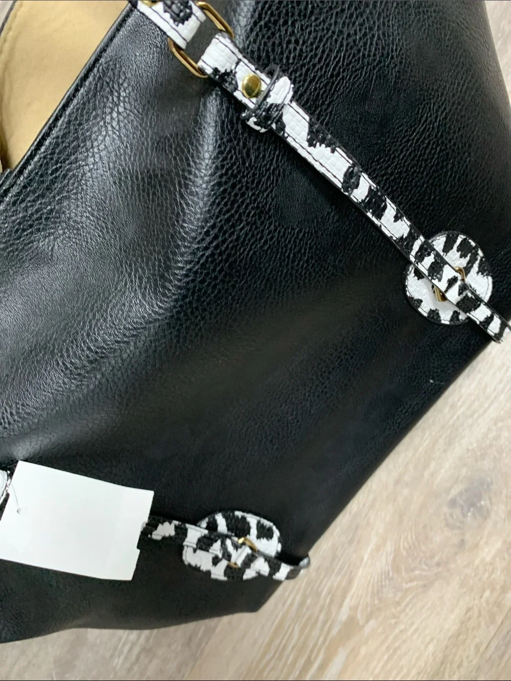 Neiman Marcus Black Tote with White Patterned Straps
